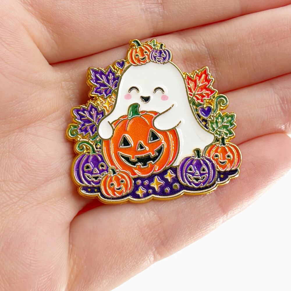 Cute Halloween Ghost Pumpkin Enamel Pin Fall Autumn Spooky Witchy Brooch
